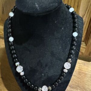 Vtg Black Tourmaline Beaded Necklace with Pink Carved Jade and Cloisonné Beads